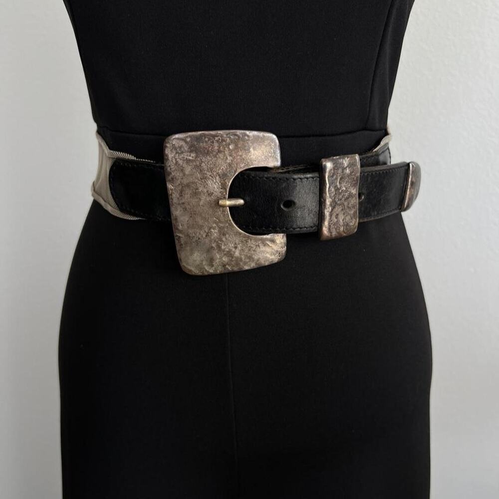 Jenny and the Boys Belt Silver Metallic Mesh Black Leather Chunky Buckle Y2K